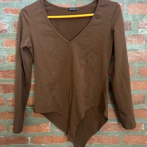 Brown V-Neck Long Sleeve Bodysuit